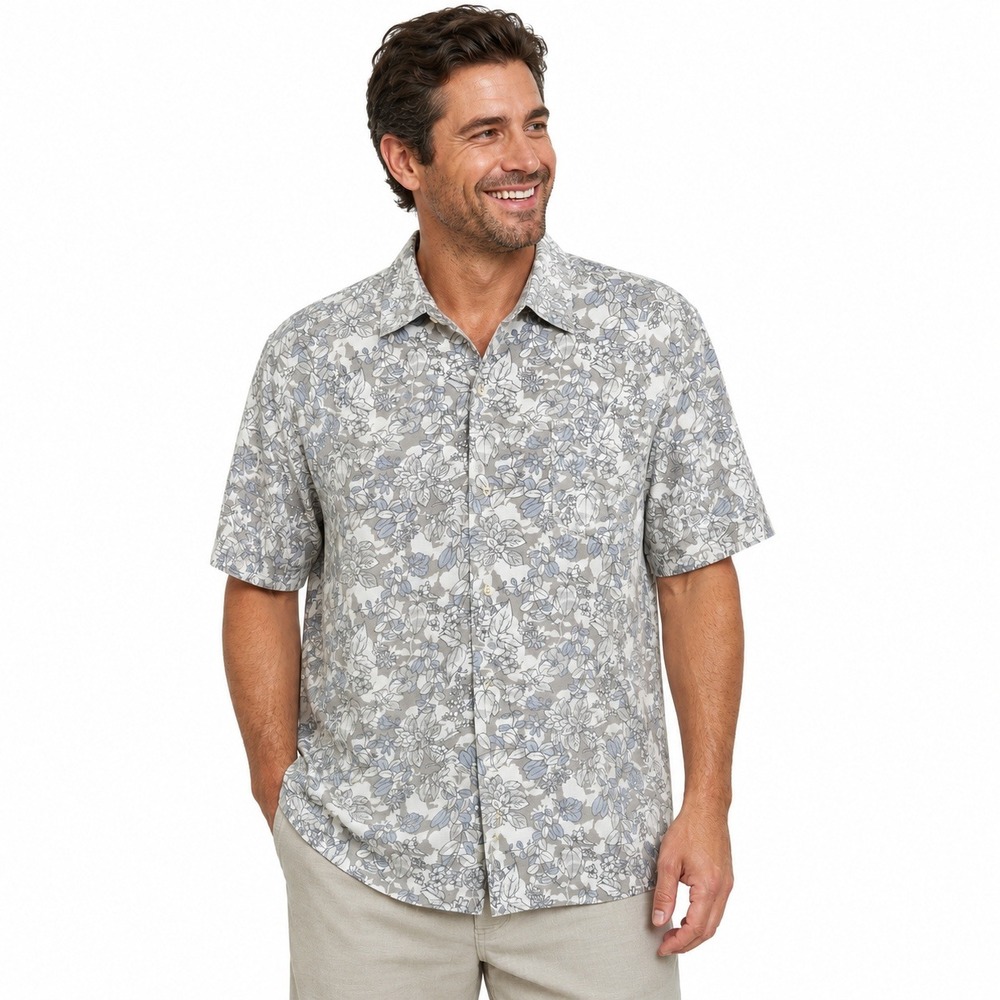 Tommy Bahama Mens‎ XL Floral Short Sleeve Button Up Shirt Grey Blue Tropical